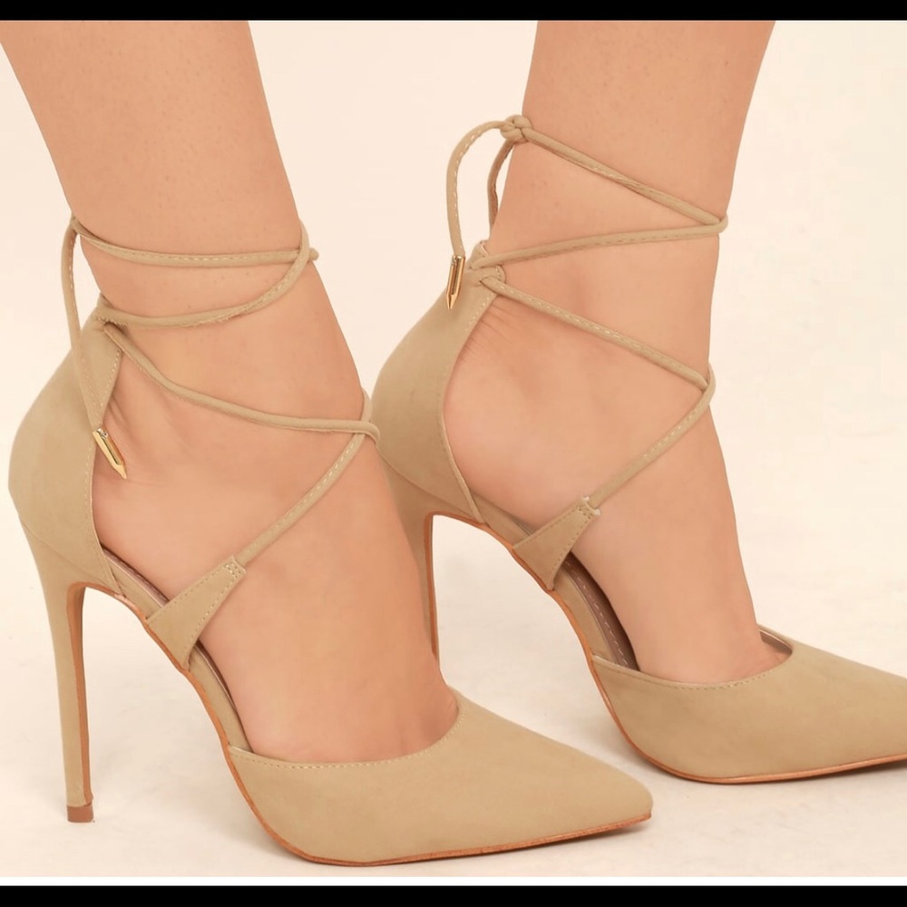 LAST CHANCE! NEVER WORN! Lulus Tan Wrap Heels
